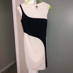EXPRESS White/Navy Fitted Dress